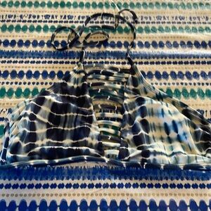 Blue and white tie-dyed bikini top